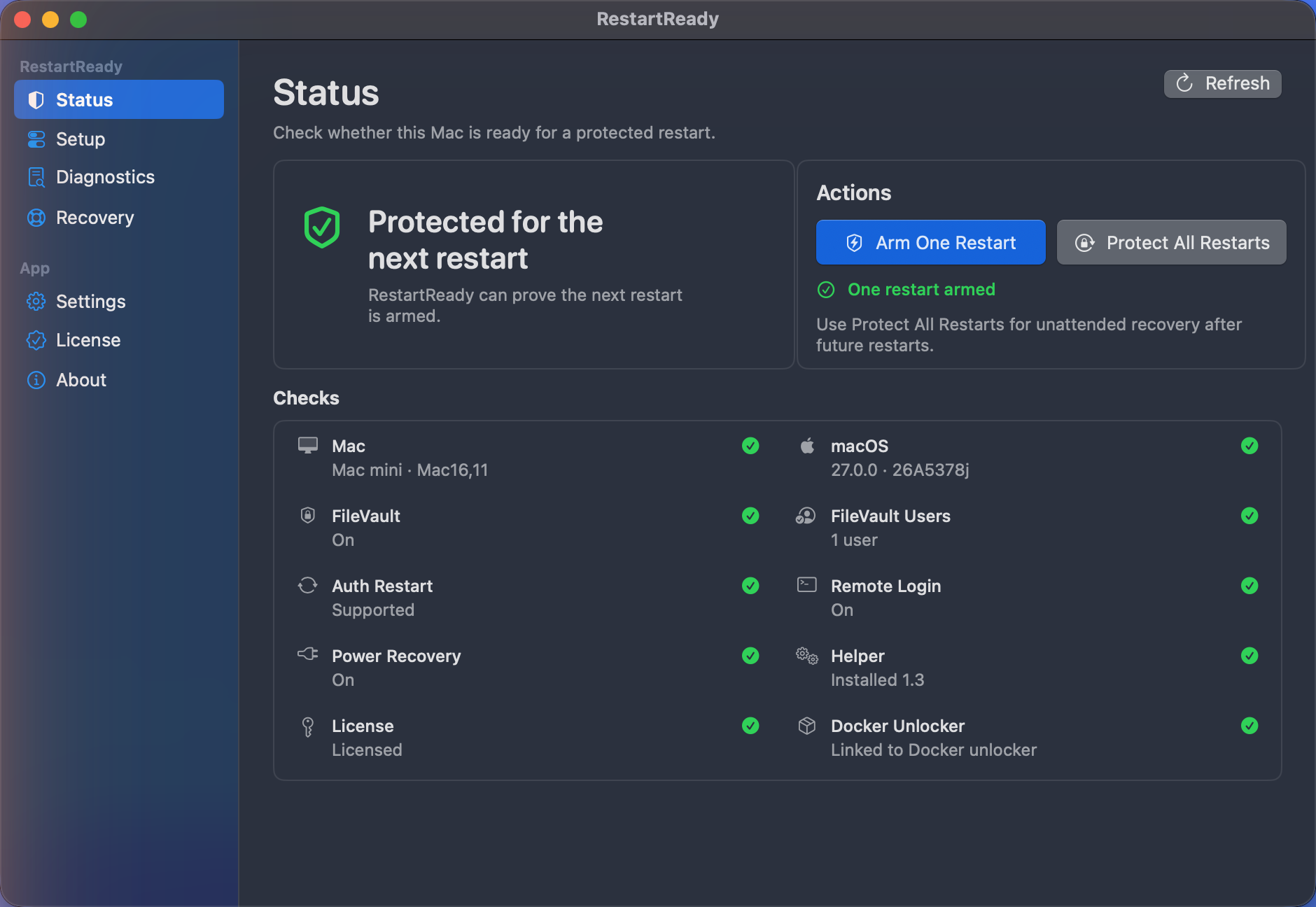 The RestartReady app on macOS showing “Protected for the next restart,” with all readiness checks passing — FileVault, Remote Login, power recovery, the privileged helper, and a linked Docker unlocker